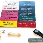 Variety of Engraved Coloured Acrylic Name Badges, offering a spectrum of options for personalised and standout identification, With rounded corners. Combination, Standard Pin, Magnetic badge backs