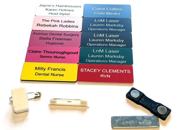 Variety of Engraved Coloured Acrylic Name Badges, offering a spectrum of options for personalised and standout identification, With rounded corners. Combination, Standard Pin, Magnetic badge backs