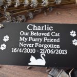 Personalised Memorial Engraved Acrylic Cat Plaques available in Silver or gold rectangle plaques with black engraving and rounded corners and four screw holes with a cat laying at the bottom and two paw prints either side of the text