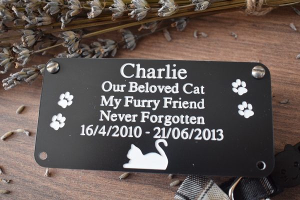 Personalised Memorial Engraved Acrylic Cat Plaques available in Silver or gold rectangle plaques with black engraving and rounded corners and four screw holes with a cat laying at the bottom and two paw prints either side of the text