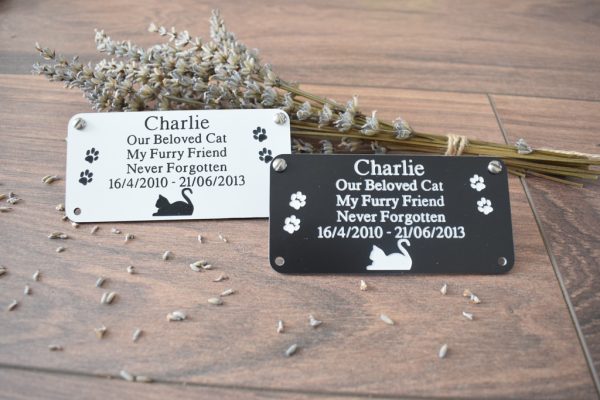 Personalised Memorial Engraved Acrylic Cat Plaques available in Silver or gold rectangle plaques with black engraving and rounded corners and four screw holes with a cat laying at the bottom and two paw prints either side of the text