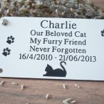 Personalised Memorial Engraved Acrylic Cat Plaques available in Silver or gold rectangle plaques with black engraving and rounded corners and four screw holes with a cat laying at the bottom and two paw prints either side of the text