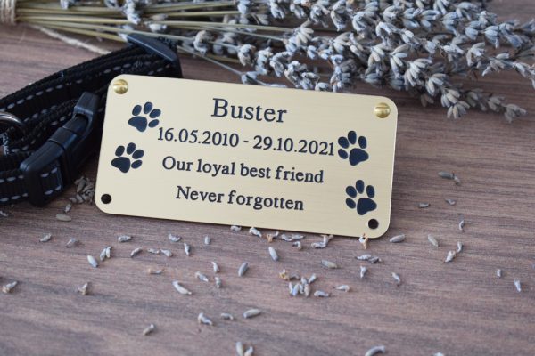 Pet Memorial Engraved Plaques engraving text and rounded corners and four screw holes with two paw prints either side of the text