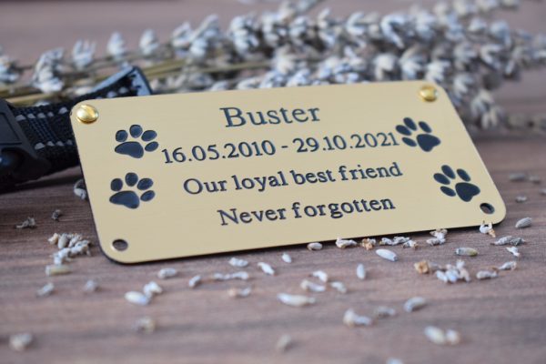 4" x 2 pet memorial plaque, Black rectangle plaque with white engraving text and rounded corners and four screw holes with two paw prints either side of the text