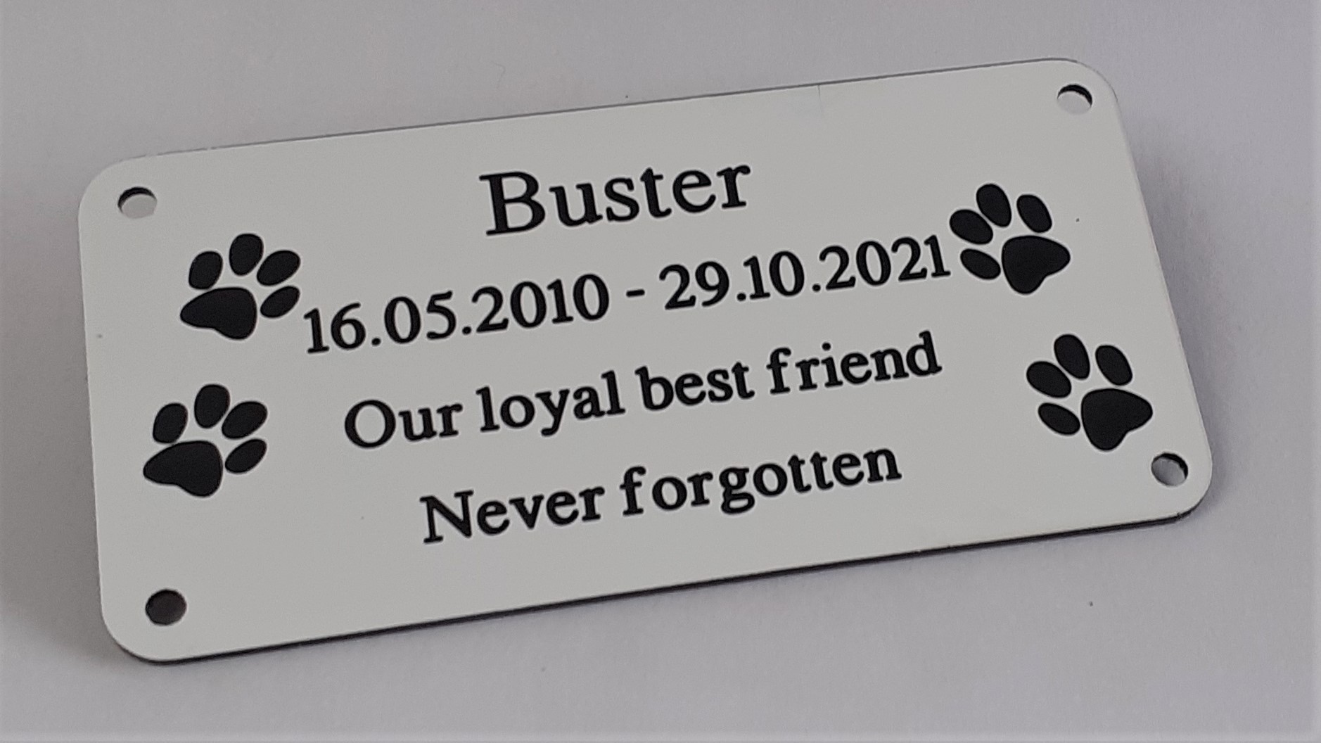 Four paw prints with the name buster on a White and black text