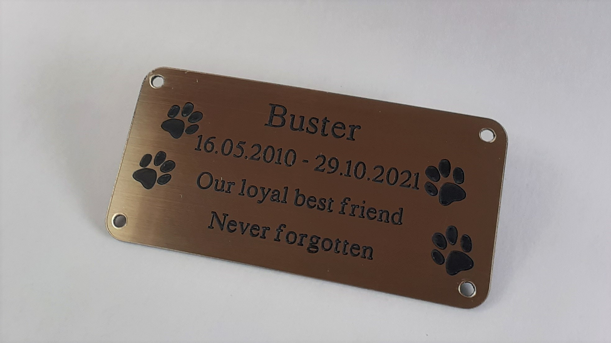 Four paw prints with the name buster on a brushed gold and black text