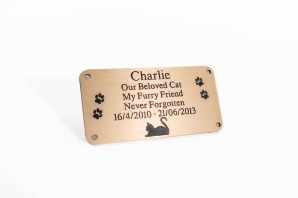 Brushed gold rectangle plaque with black engraving and rounded corners and four screw holes with a cat laying at the bottom and two paw prints either side of the text