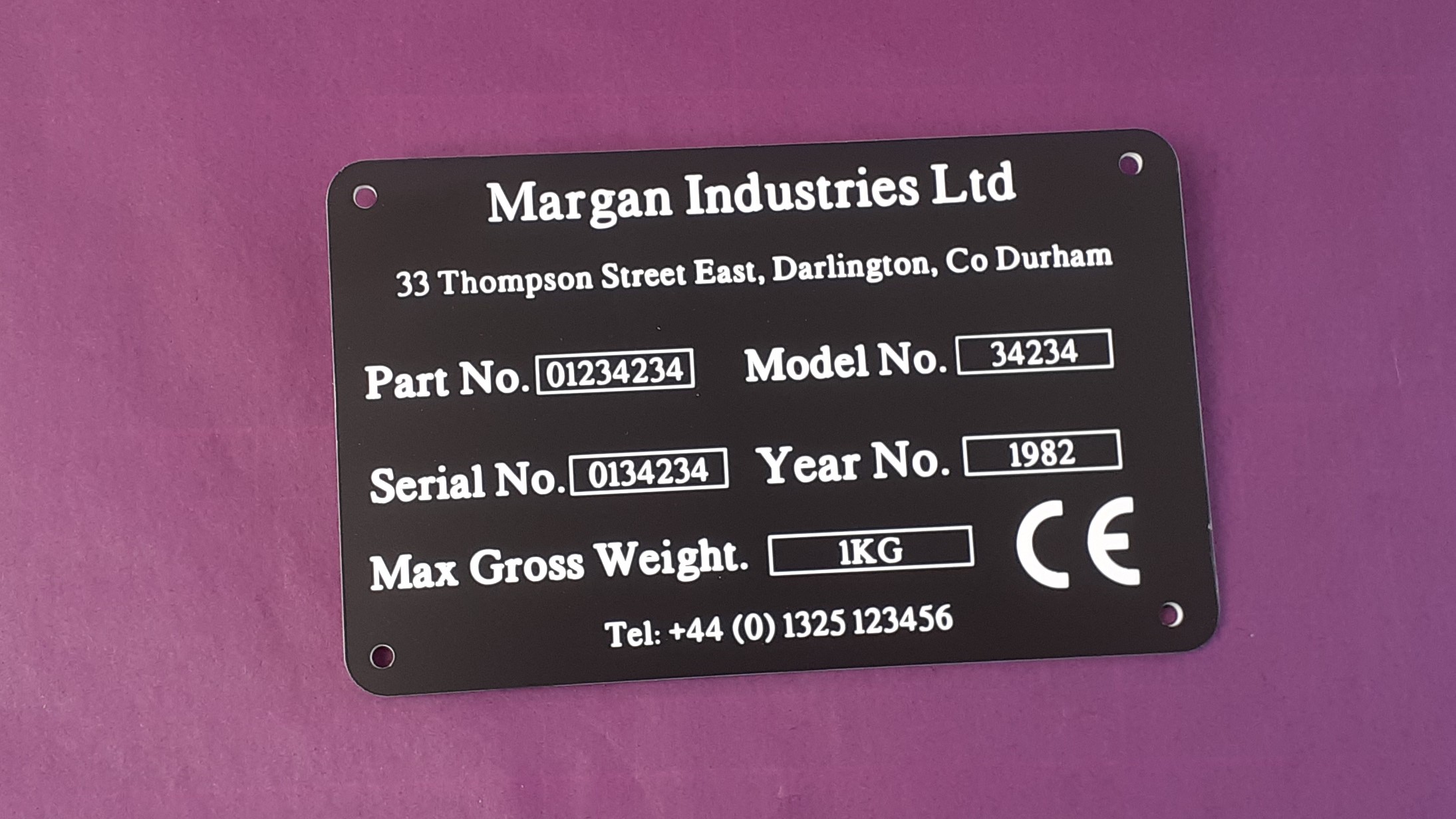 Acrylic data plate sign with screw holes