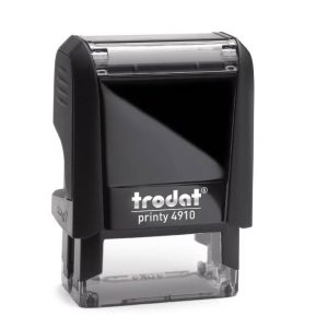 Trodat Printy 4910 in a vibrant black colour. The stamp has a compact rectangular design and features a clear area for customised text or graphics