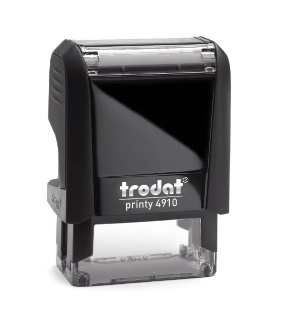 Trodat Printy 4910 in a vibrant black colour. The stamp has a compact rectangular design and features a clear area for customised text or graphics