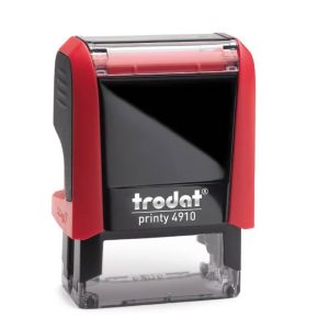 Trodat Printy 4910 in a vibrant Flame Red colour. The stamp has a compact rectangular design and features a clear area for customised text or graphics