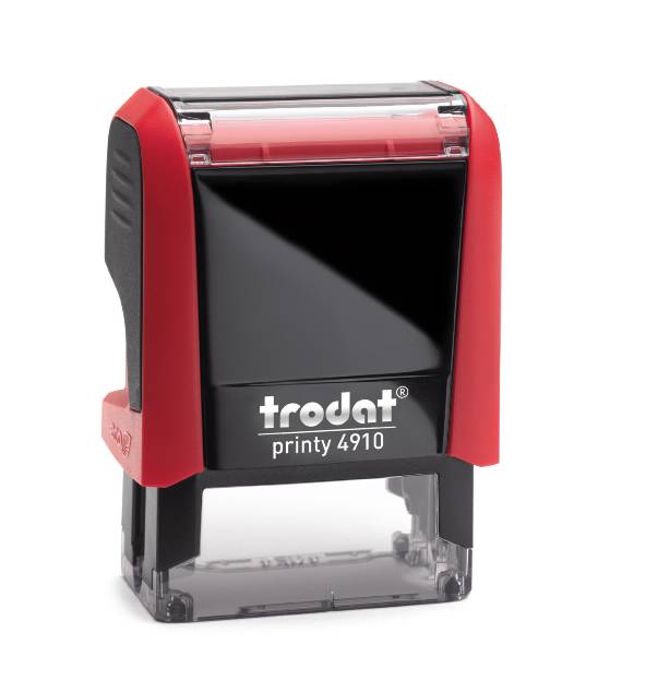 Trodat Printy 4910 in a vibrant Flame Red colour. The stamp has a compact rectangular design and features a clear area for customised text or graphics