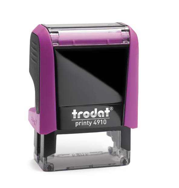 Trodat Printy 4910 in a vibrant Fuchsia colour. The stamp has a compact rectangular design and features a clear area for customised text or graphics