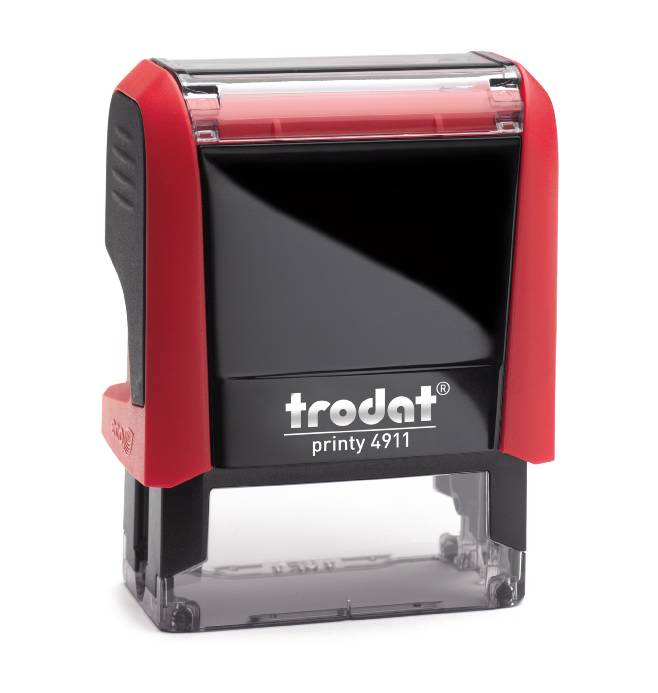 Trodat Printy 4911 in a vibrant Flame Red colour. The stamp has a compact rectangular design and features a clear area for customised text or graphics