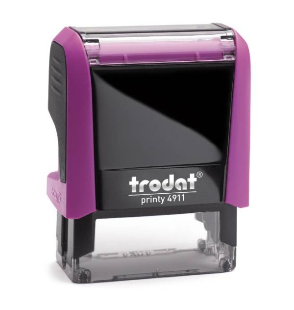 Trodat Printy 4911 in a vibrant Fuchsia colour. The stamp has a compact rectangular design and features a clear area for customised text or graphics
