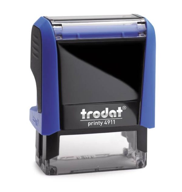 Trodat Printy 4911 in a vibrant Sky-blue colour. The stamp has a compact rectangular design and features a clear area for customised text or graphics