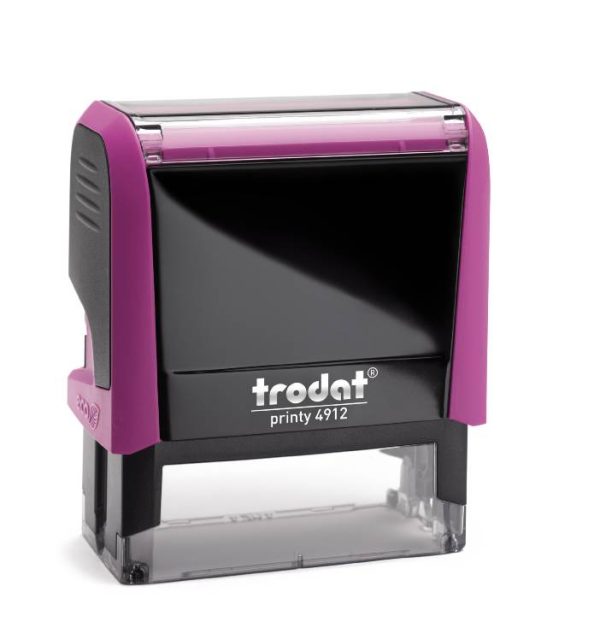 Trodat Printy 4912 in a vibrant Fuchsia colour. The stamp has a compact rectangular design and features a clear area for customised text or graphics