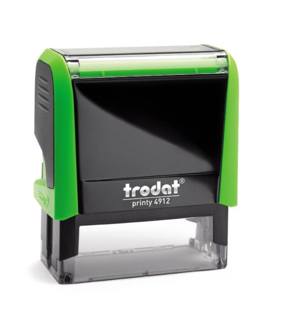Trodat Printy 4912 in a vibrant Green colour. The stamp has a compact rectangular design and features a clear area for customised text or graphics