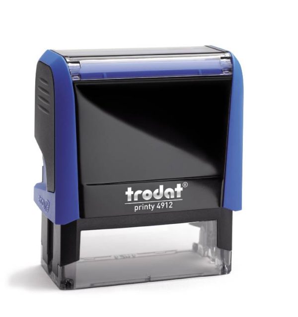 Trodat Printy 4912 in a vibrant Sky-blue colour. The stamp has a compact rectangular design and features a clear area for customised text or graphics
