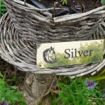 Close up of 6" x 2" solid brass stable name plaque - with Horse's Head Design on the left-hand side supplied with 4 screw holes