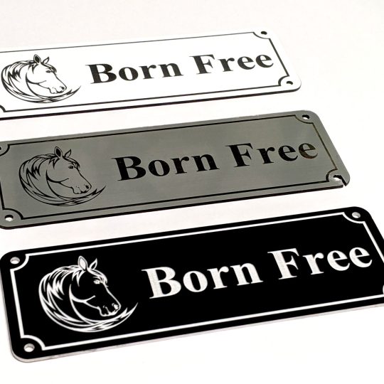 Personalised Stable Name Plaques - 6" x 2" with decorative border, engraving of a Horse's Head on the Left-Hand side with contrasting name in the centre of the plaque, 4 screw holes in each corner.