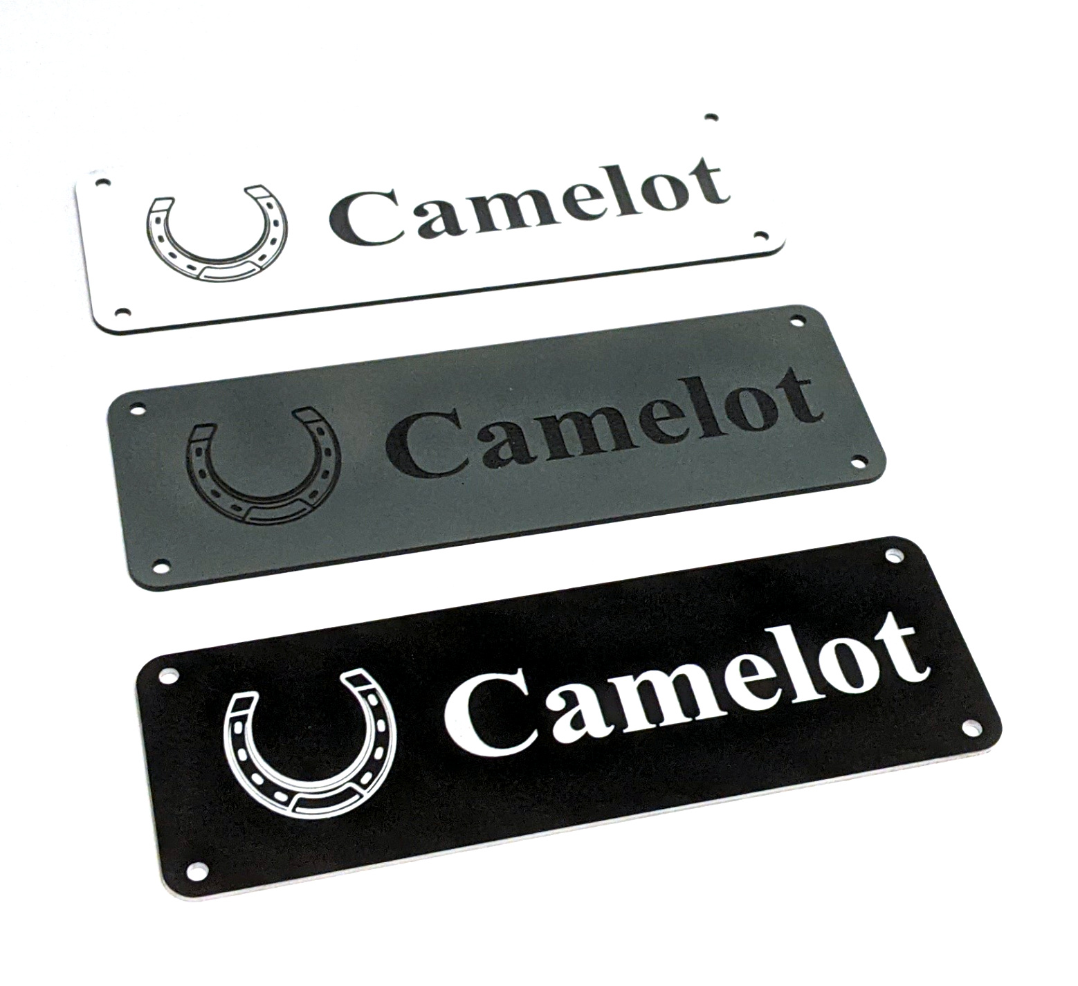 Personalised Stable Name Plaques – 6″ x 2″ with engraving of a Horseshoe on the Left-Hand side with contrasting name in the centre of the plaque, 4 screw holes in each corner.