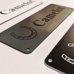 Personalised Stable Name Plaques - 6" x 2" with engraving of a Horseshoe on the Left-Hand side with contrasting name in the centre of the plaque, 4 screw holes in each corner.