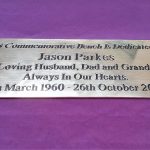 Commemorative brass bench or wall plaque. Sturdy brass bench plaque, engraved and accentuated with black paint infill, complete with four screw holes for secure installation