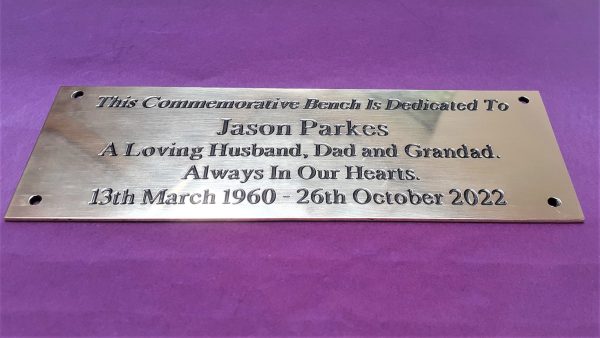 Commemorative brass bench or wall plaque. Sturdy brass bench plaque, engraved and accentuated with black paint infill, complete with four screw holes for secure installation