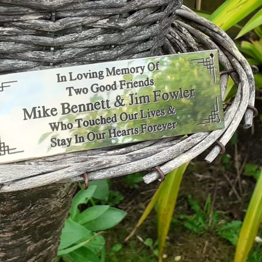 Brass Bench/Wall Plaques: Timeless Tributes (6" x 2" / 150 x 50mm) Intricately designed brass plaque with black infilled engraving and ornate edging.