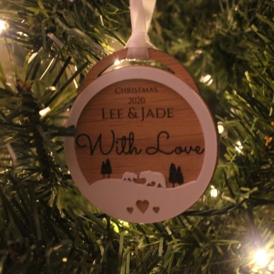 An image depicts a collection of Personalized Wooden Christmas Tree Decorations. Each ornament is uniquely engraved with family names, special messages, and memorable dates. They hang gracefully from a festive evergreen tree, catching the soft glow of twinkling holiday lights