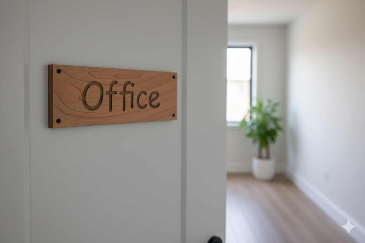 A rectangular cherry wood "Office" sign mounted onto a crisp white door. The door is slightly ajar, offering a blurry view into a modern, brightly lit office space with light hardwood floors and a potted green plant in the background.