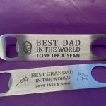 High-quality stainless steel bar blades with a sleek design and custom engraving, ideal for various occasions.