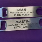 Two High-quality stainless steel bar blade bottle openers with a sleek design and custom engraving, ideal for various occasions.