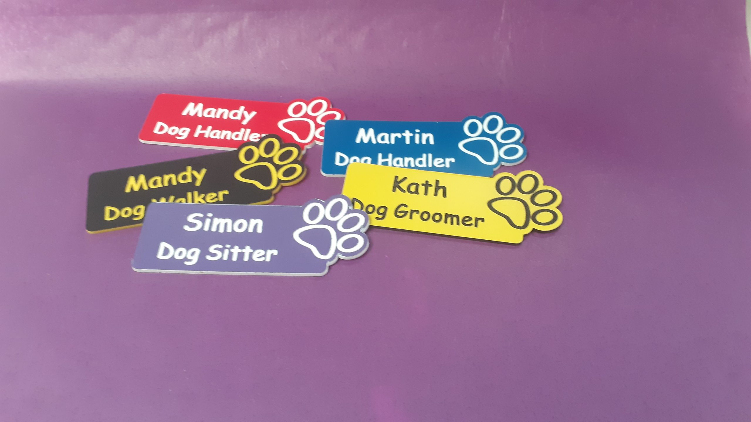 A collection of vibrant and diverse name badges, each uniquely coloured in shades such as blue, red, green, and yellow. The badges are designed with a paw print on the right-hand side of the badge.