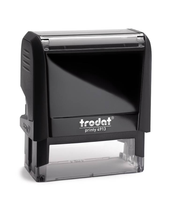 Trodat Printy 4913 in a vibrant Black colour. The stamp has a compact rectangular design and features a clear area for customised text or graphics