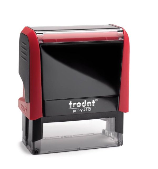 Trodat Printy 4913 in a vibrant Flame Red colour. The stamp has a compact rectangular design and features a clear area for customised text or graphics