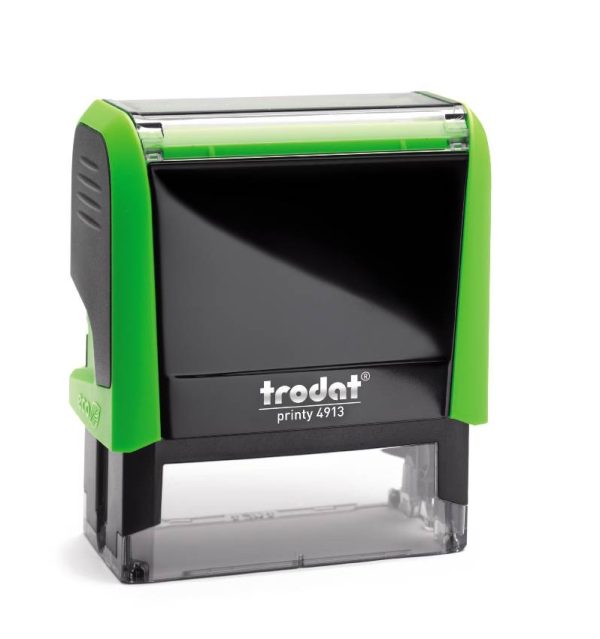 Trodat Printy 4913 in a vibrant Green colour. The stamp has a compact rectangular design and features a clear area for customised text or graphics