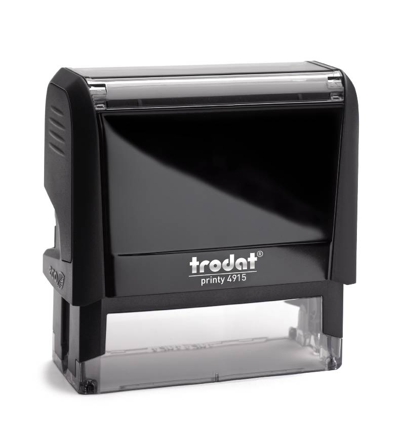 Trodat Printy 4915 in a vibrant Black colour. The stamp has a compact rectangular design and features a clear area for customised text or graphics