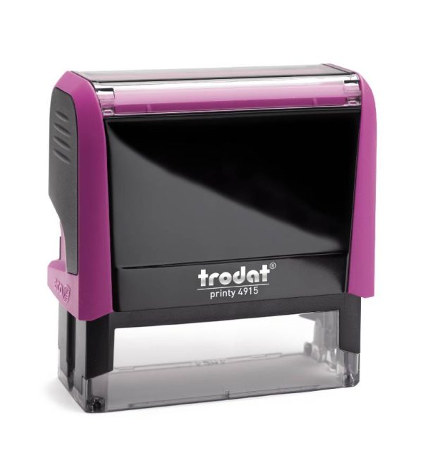 Trodat Printy 4915 in a vibrant Fuchsia colour. The stamp has a compact rectangular design and features a clear area for customised text or graphics