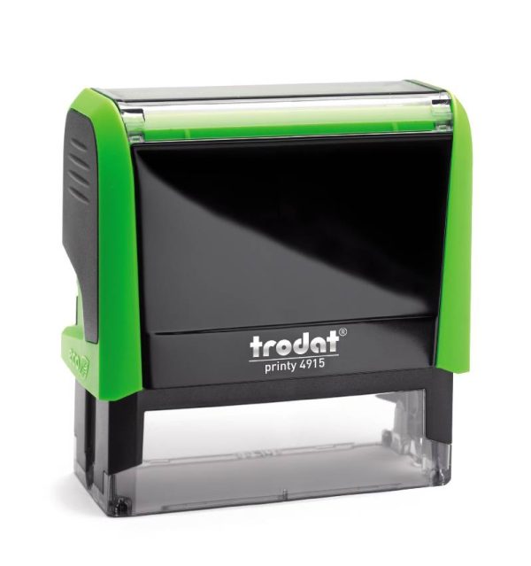 Trodat Printy 4915 in a vibrant Green colour. The stamp has a compact rectangular design and features a clear area for customised text or graphics