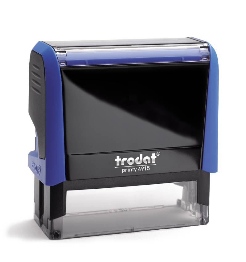 Trodat Printy 4915 in a vibrant Sky-blue colour. The stamp has a compact rectangular design and features a clear area for customised text or graphics