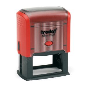 Trodat Printy 4928 in a vibrant Flame Red colour. The stamp has a compact rectangular design and features a clear area for customised text or graphics