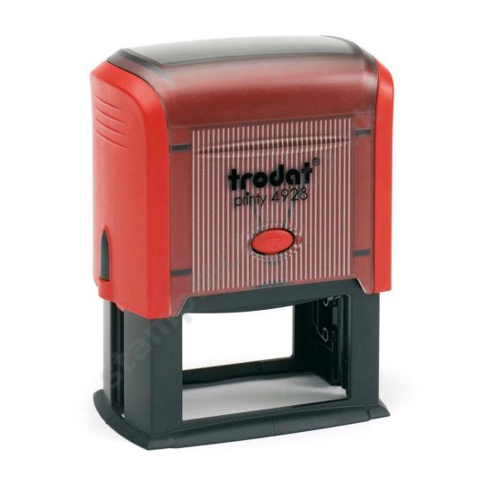 Self-Inking Stamps Trodat 4928 in a vibrant Flame Red colour. The stamp has a compact rectangular design and features a clear area for customised text or graphics