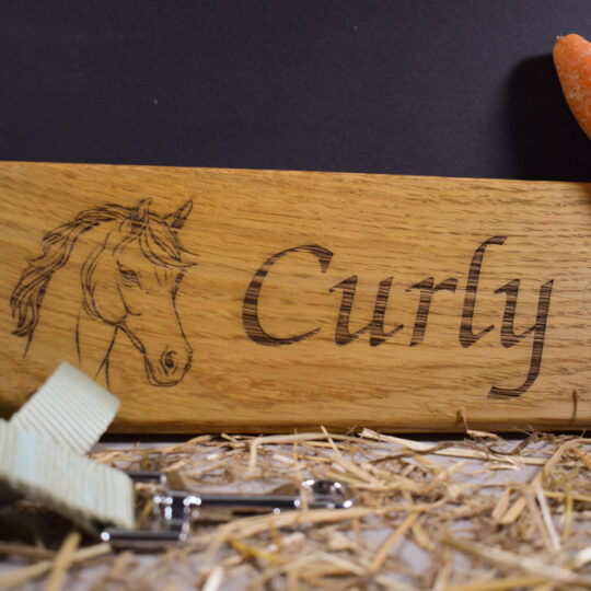 Engraved Solid Oak Horse/Pony Stable Name Plaques With a horse's head to the left-hand side and the animal's name of Curly