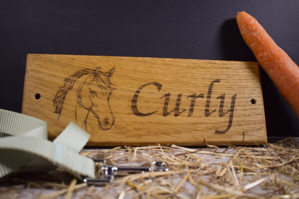 Engraved Solid Oak Horse/Pony Stable Name Plaques With a horse's head to the left-hand side and the animal's name of Curly