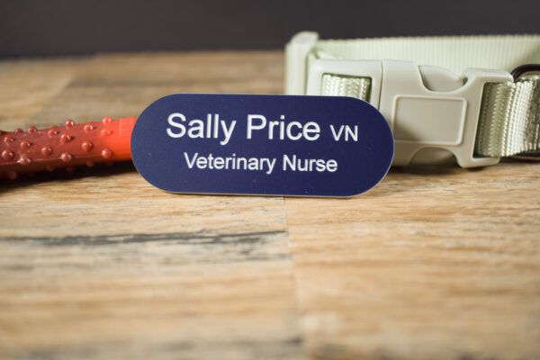 Navy Blue with white text in the shape of a pill name badges, various colours available. The badge is on a wooden background, along with a Collar and a lead