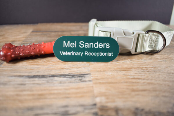 Teal Green with white text in the shape of a pill name badges, line saying Mel Sanders and underneath that is Veterinary Receptionist. The badge is on a wooden background