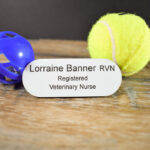 White with black text in the shape of a pill, name badges. There are 3 lines of text, showing Lorraine Banner RVN, next line saying Registered and underneath that is Veterinary Nurse. The badge is on a wooden background