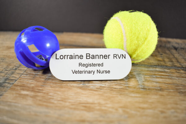 White with black text in the shape of a pill, name badges. There are 3 lines of text, showing Lorraine Banner RVN, next line saying Registered and underneath that is Veterinary Nurse. The badge is on a wooden background